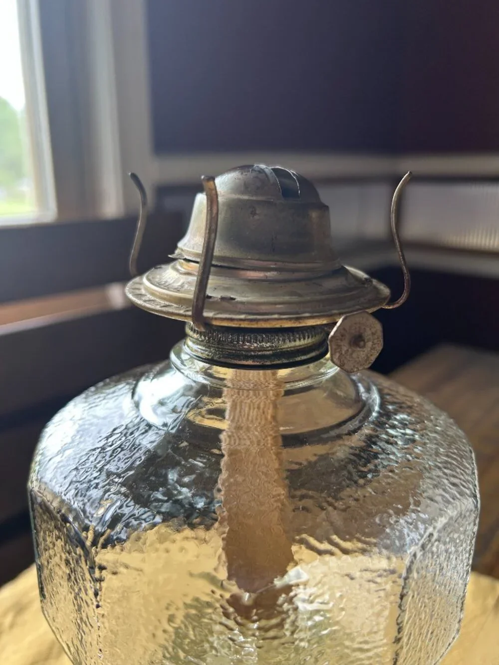 Vintage  Clear Glass Oil Lamp  Early American Homesteader   USA made   Bartlett